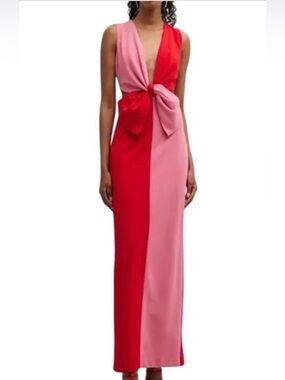 Colorblock Pink & Red Knot-Bow Maxi Dress
